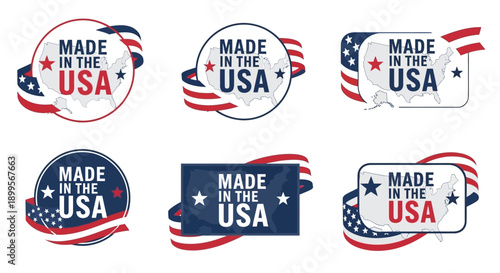 Collection of Made in USA labels and badges with patriotic themes and red, white, and blue color schemes displayed together