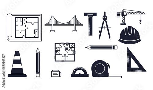 Solid Vector Icons of Professional Civil Engineering and Architectural Instruments