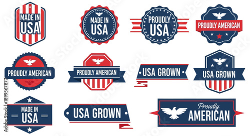 Collection of American product labels and badges with patriotic themes and symbols