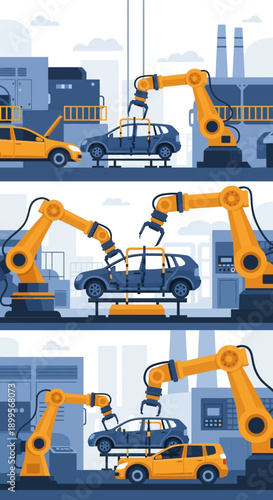 Robotic Arms Assembling Cars in Factory.