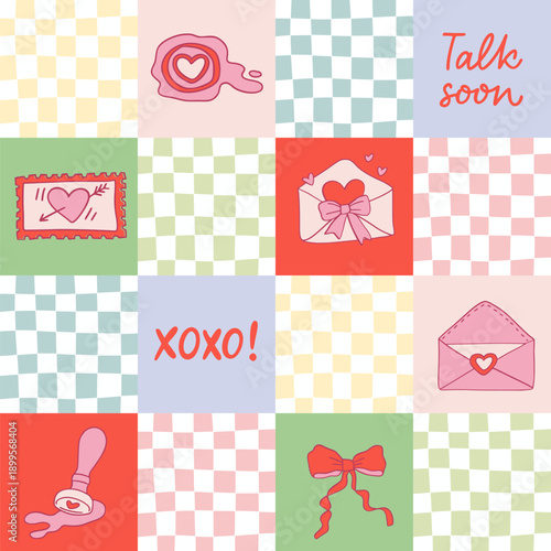 Seamless pattern of girly postal design symbols in coquette core style with plaid texture. Festive ornament for fabric, textile, wallpaper, decor, print, packaging, wrapping paper, stickers.