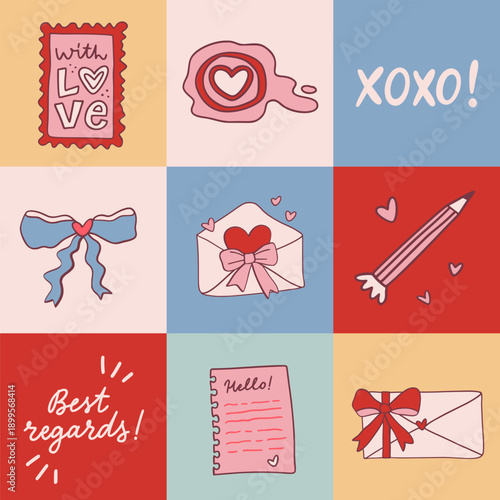 Preppy seamless pattern of postal elements in coquette core style. Hand drawn festive ornament for fabric, textile, wallpaper, decor, print, packaging, wrapping paper, stickers.