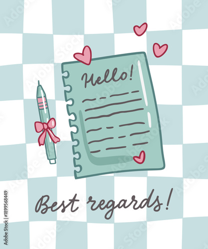 Trendy pen pal poster. Cartoon vector illustration. 90s retro style sticker of letter with pen. Monoline calligraphy of Best regards! Vintage print for scrapbooking, bullet journal.