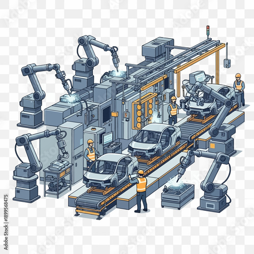 Automated Car Manufacturing Assembly Line Robots.
