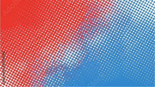 Vibrant halftone pattern transitioning from red to blue gradient, showcasing dynamic graphic design elements in a close-up view