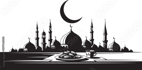 A serene silhouette of a mosque with a crescent moon above it, symbolizing peace and spirituality.