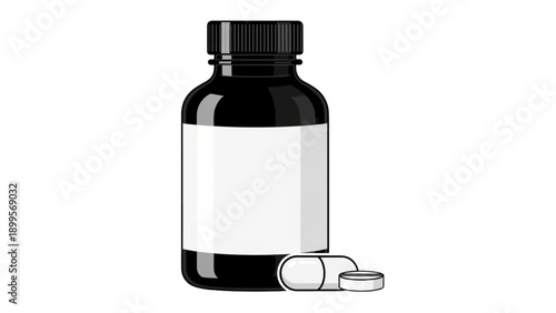 A black medicine bottle with a blank label and an open capsule beside it on a clean surface