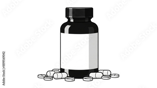 Medical bottle and pills illustration on a simple background from a straightforward viewpoint