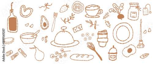 Hand drawn food set. lunch and dinner icons in doodle style. Perfect for print, design menu, sticker