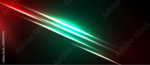 Abstract background features diagonal lines. Red, green hues dominate dark space. Bright streaks create dynamic visual effect.