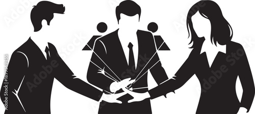 Three business professionals collaborating and exchanging documents in a meeting setting.