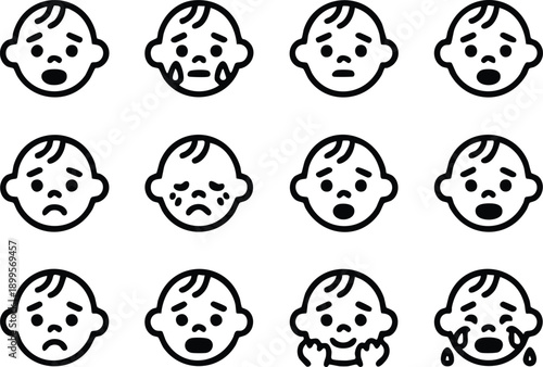 Infant Facial Expression and Emotion Icon Set, vector, illustration, silhouette.