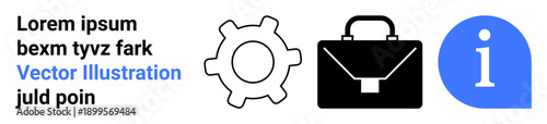 Business strategy, technological processes, professional tools, knowledge sharing, corporate information, management systems. Gear, briefcase and information icon on a white background. Business