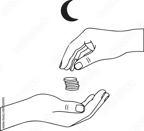 A simple line drawing of two hands exchanging money under a crescent moon.