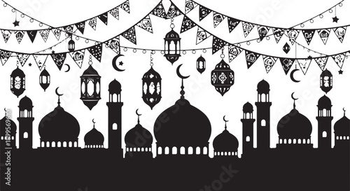 A serene islamic cityscape with mosques and festive decorations during ramadan.