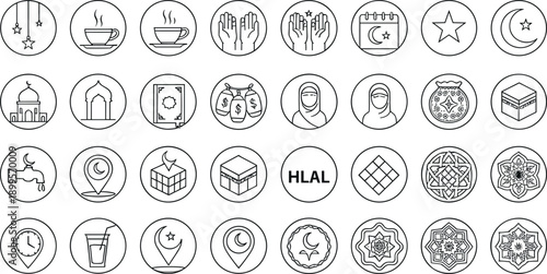 Islamic Ramadan and Halal Circular Icons Set with Mosque Prayer Crescent Moon Charity and Religious Symbols Line Vector