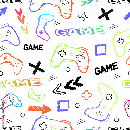 Stylized 2D/3D hybrid gaming pattern with neon accents. Immersive, high-energy aesthetic for "Press Start" creative trends. Ideal for digital accessories and immersive brand experiences.