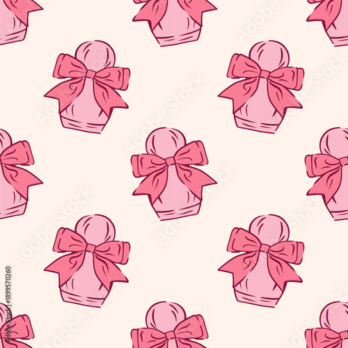 Foto Girly seamless pattern with perfume bottle with decorative pink bow on beige background
