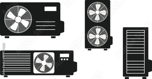 Outdoor air conditioning units. Indoor HVAC Units. Heat pump, Heating, Ventilation, and Air Conditioning system, 