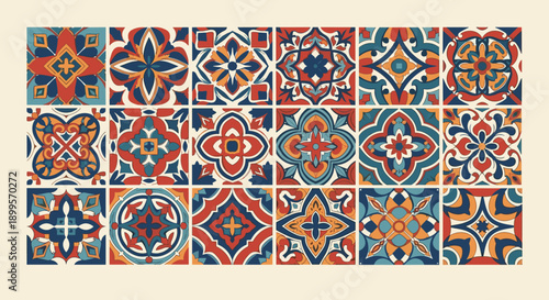 Vibrant geometric pattern tiles in traditional mediterranean style