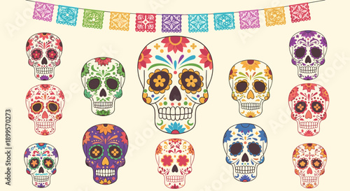 Colorful day of the dead sugar skulls with decorative papel picado banner