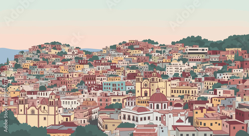 Charming mediterranean townscape with colorful houses at sunset