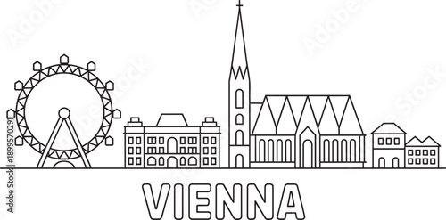 Vienna city skyline line art with famous buildings and landmarks, travel vector illustration