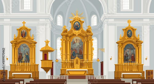 Ornate baroque church interior with golden altars and classic architecture