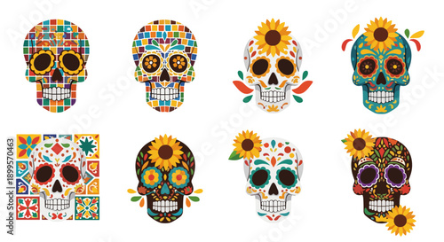 Colorful day of the dead skulls with floral patterns and geometric designs