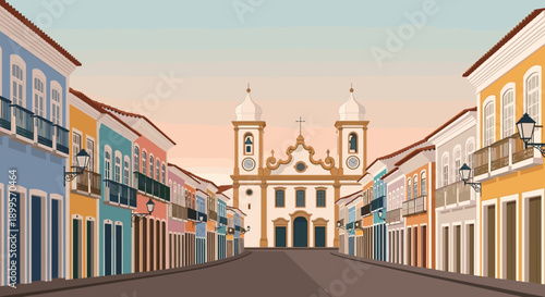 Charming colonial street with colorful architecture at sunset