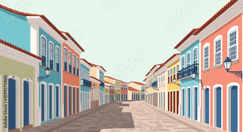 Charming colonial street with colorful houses in a flat style