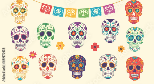 Colorful dia de los muertos sugar skulls with festive papel picado and flowers