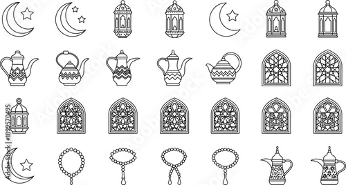 Islamic Ramadan Line Icon Set Featuring Crescent Moon, Lanterns, Teapot, Tasbih, and Traditional Arabic Windows