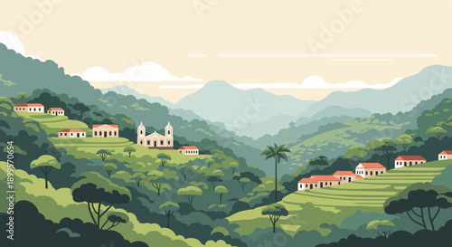 Scenic rural landscape with villages and mountains in flat design