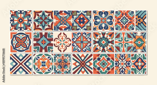 Colorful geometric tile patterns with vintage style for creative designs