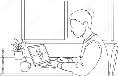 Minimalist continuous line drawing depicts a focused professional working diligently on a laptop displaying audio waveform graphics beside a steaming beverage and small potted plant.