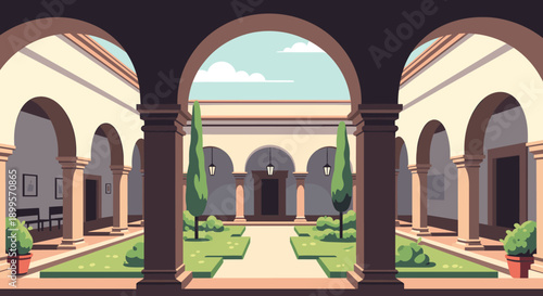 Mediterranean courtyard architecture with arches and garden in flat design