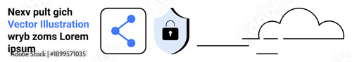 Data protection, cloud computing, secure sharing, network access, cybersecurity, technology usage. Icons include a network symbol, a padlock shield and a cloud. Data protection and cloud computing