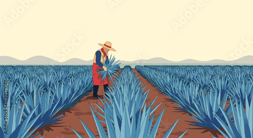 Agave farming in mexico: traditional cultivation and harvesting scene in flat design