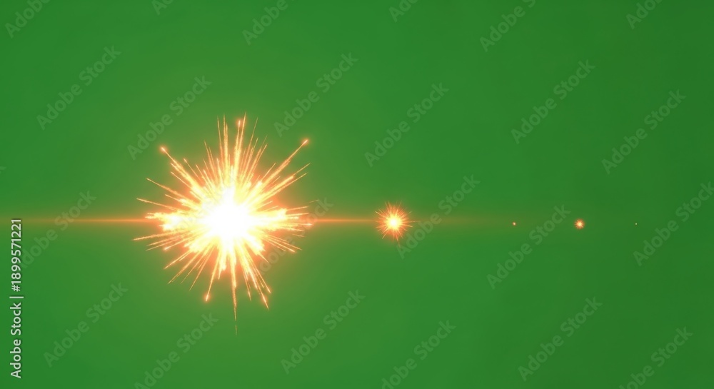 Obraz premium A vibrant explosion of light and energy emanating from a central point, surrounded by sparks, in a dark green environment, viewed from a straight-on perspective.