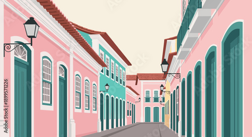 Colorful colonial street with traditional architecture and vibrant facades