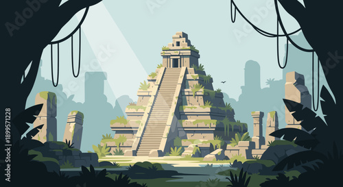 Ancient mayan temple in jungle ruins with sunlight and vines