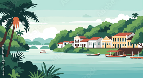 Scenic riverfront village with boats and lush greenery in flat design