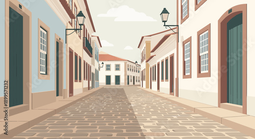Charming cobblestone street in quaint european village with vintage lamp posts