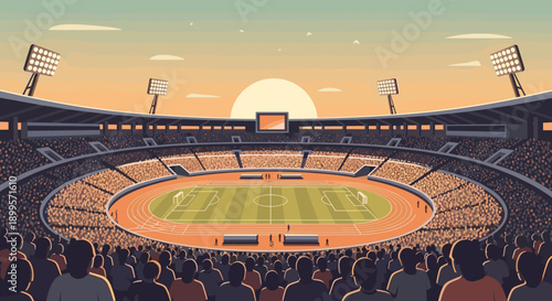 Sunset sporting event in a packed stadium with spectators and track field