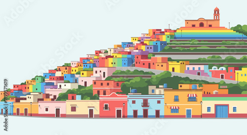 Vibrant hillside townscape with colorful houses and lush greenery