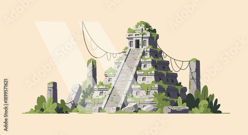 Ancient jungle pyramid overgrown with vines and ruins