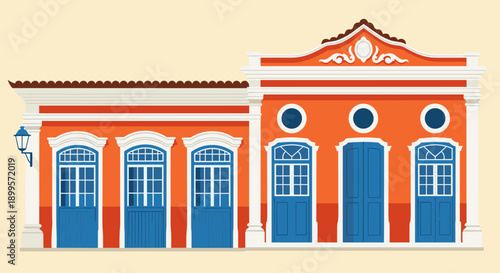 Colorful colonial architecture with blue doors and windows on historic building facade