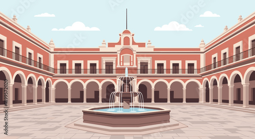 Historic spanish colonial courtyard with central fountain in flat design