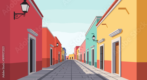 Colorful urban street with vibrant buildings and clear sky in flat style